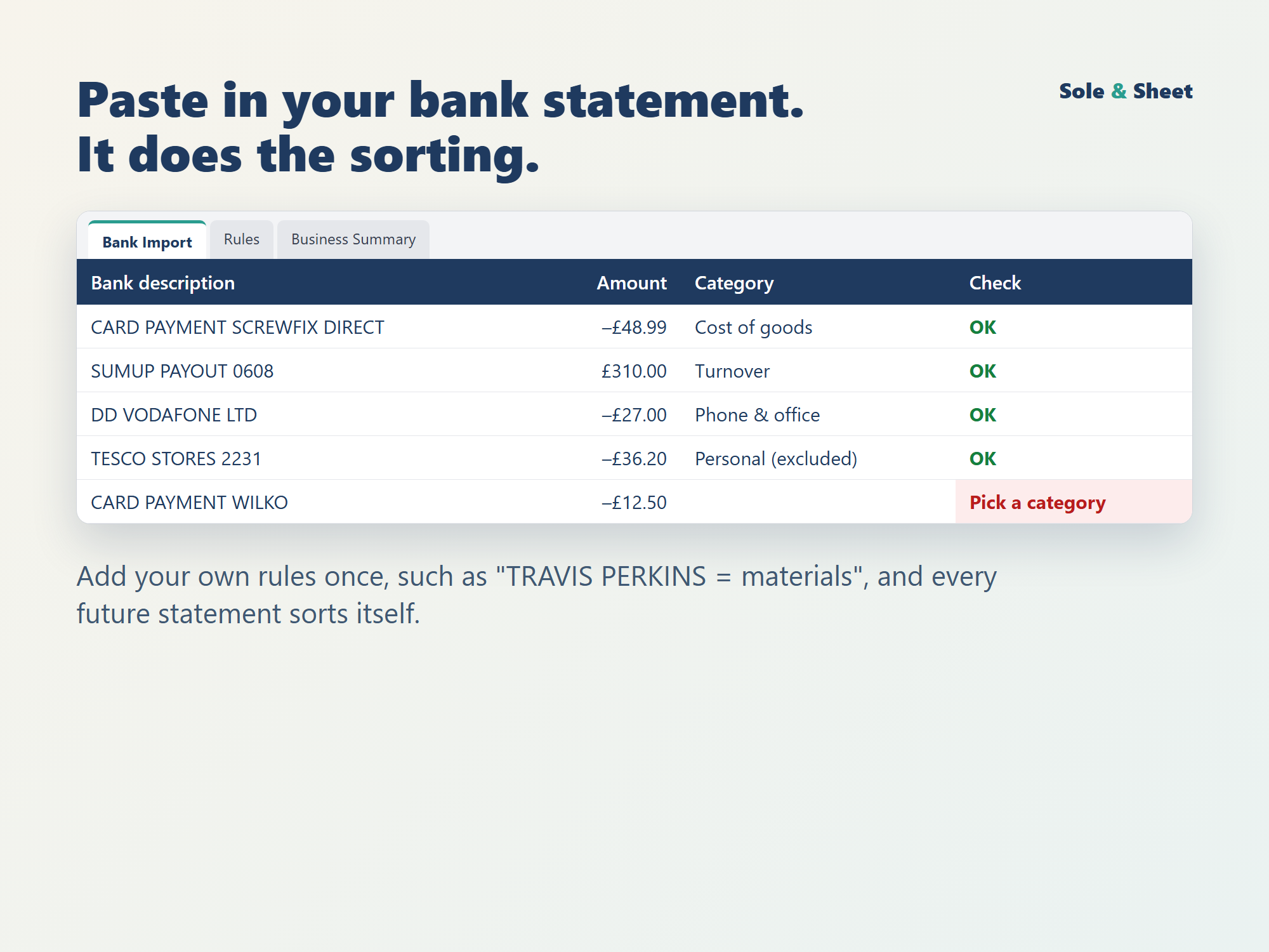 Bank statement import categorising transactions automatically